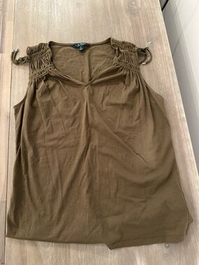 Lauren Ralph Olive Green Tank with Ruched Shoulder Ties Medium Like New VS M